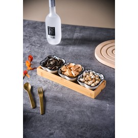 Ceramic Serving Bowls Set of 3 Dip Bowls with Bamboo Serving Plate, Ideal for Tapas, Antipasti, Sushi, Raclette or Fondue (GB6002)