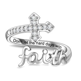Helonley Cross Faith Ring for Women - 925 Sterling Silver Inspiration Ring Christian Faith Jewelry Sacred Purity Cross Ring with Religious Adjustable (Don't Let The Hard Days Win)