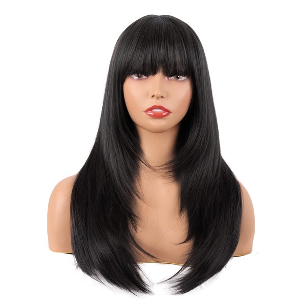 MapofBeauty 24 Inches / 60 cm Long Straight Layered with Bangs Synthetic Hair Shoulder Length Daily Use Wig (Black)