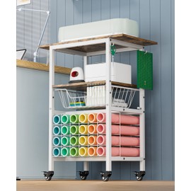 Queension Craft Cart with Wheels for Cricut Machines, Craft Organization and Storage Stand with Basket, Cutting Machine Stand for Cricut Accessories, Vinyl Roll Organizer, White