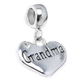 Queenberry Sterling Silver Grandma Love Heart Cubic Zirconia Crystal Dangle Bead for European Charm Bracelets