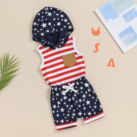 BemeyourBBs Baby Boy 4th of July Outfit American Flag Hooded Tank Top and Shorts Fourth of July Toddler Boy Summer Clothes American Flag red, 2-3T