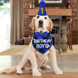 STMK Dog Birthday Party Supplies, Multi Size Dog Birthday Hat Dog Birthday Bandana Boy Bow Tie Birthday Numbers for Medium Large Dogs Pets (Large, Blue)