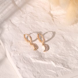 8YEARS 18K Gold Plated Dangle Hoop Earrings for Women Girls, Cubic Zirconia Huggie Dangle Earrings, Gold Pave Huggie Hoops With Star Moon Teardrop Charms Gift for her, Brass, Cubic Zirconia