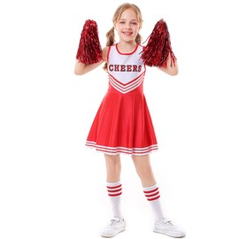 LOLANTA Girls Cheerleader Costume, School Musical Red Cheerleading Uniform Outfit with Pom Poms(8-9 Yrs,Red,Tag 140)
