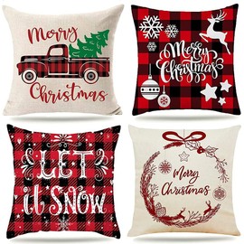 Hodofice Christmas Cushion Cover Set of 4 Christma Decoration Throws Pillows Cases for Sofa Couches Living Room Xmas Decor Winter Xmas Cushions Covers 16 x 16 inch Christmas Red Design Linen Gift
