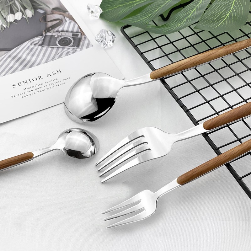 JASHII 20 Pieces Wood Stainless Steel Cutlery Set Wooden Handle