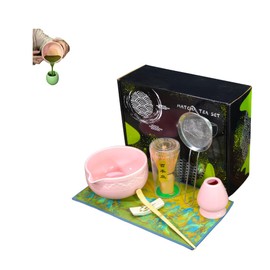7 Piezas Matcha Kit, Juego de Batidor de Matcha de Cerámica, Incluye Cuenco para Matcha con Pico,Batidor y Cuchara de Bambú, Tamiz Matcha y Soporte, Reposacucharas, Colador y Paño de Cocina