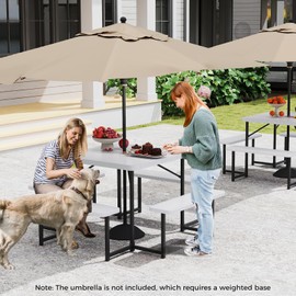 Giantex Picnic Table Bench Set for 4-8 People, 34" Outdoor Square Dining Table & 2 Benches w/Umbrella Hole, HDPE Tabletop, Metal Frame, Patio Camping Furniture for Backyard Porch Lawn (White,Square)