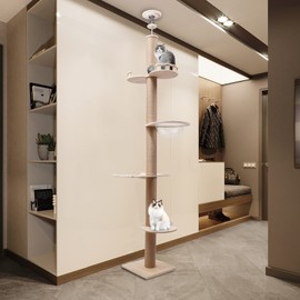 MuChaIOAK Cat Tree, Wooden Floor-to-Ceiling Cat Tree Tower w/Cat Climbing Frame, Large Enclosure, Space Capsule, U-Shaped Hammock, Jumping Board, Adjustable Height 100.4-104.3IN