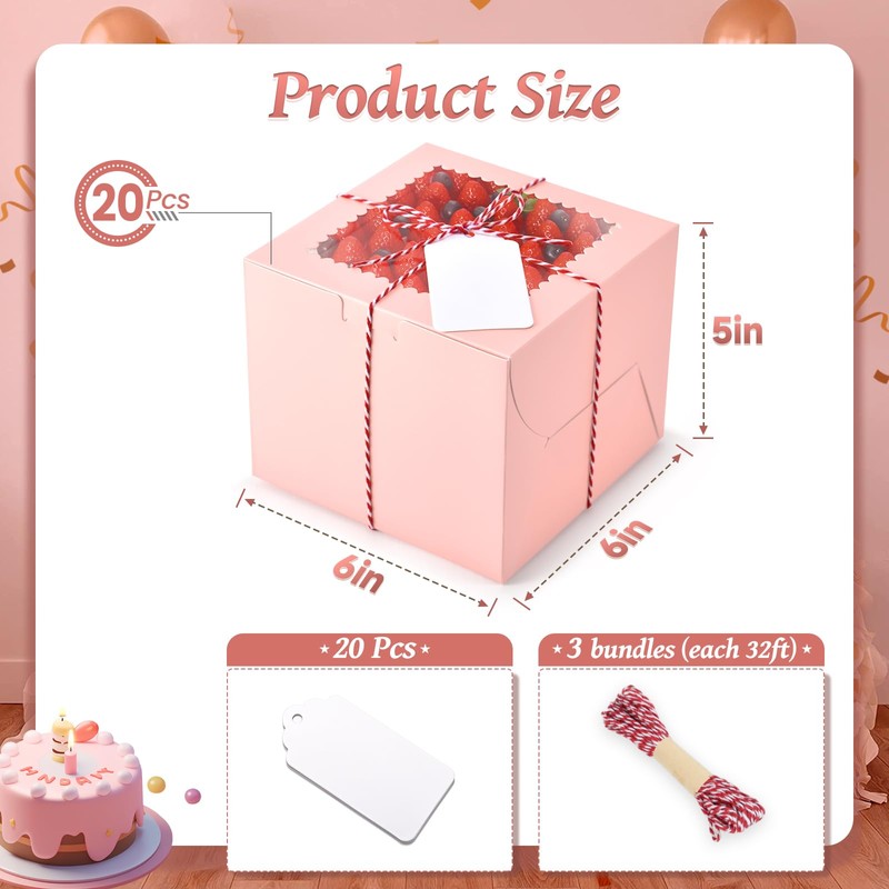 DOYIDE 20Pcs Mini Cake Boxes with Window, 6x6x5 Inches Pink