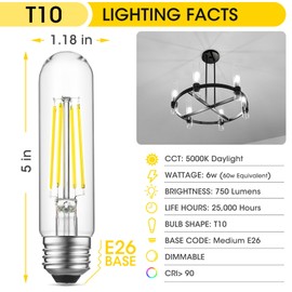 Gozelux E26 LED Bulb 6W Equal 60 Watt Light Bulbs Daylight 5000K E26 Edison Bulb AC120V 750LM Dimmable 5 Inch T10 LED Bulb Tubular for Rustic Pendant, Chandeliers, Wall Sconces, Pack of 4
