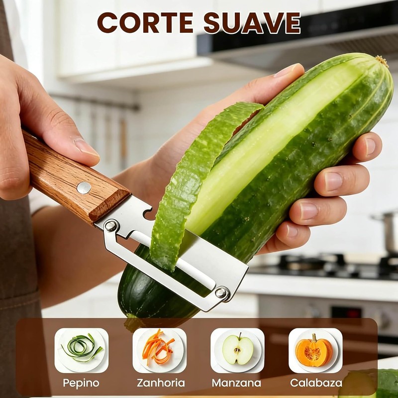 Pelador de Verduras Multifuncional Para Cocina, Con Mango de Madera