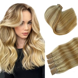 Tape in Hair Extensions Invisible Seamless Skin Weft Human Hair for Women 24inch 70g Strawberry Blonde with Blonde Highlight Balayage Natural Human Hair Extensions