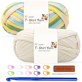 T Shirt Yarn for Crocheting 100gx2 Chunky Crochet Yarn Elastic Fabric Set with 10mm Hook and Accessories – Ideal for DIY Bags, Blankets, Baskets and Home Decor Projects (Mix-Mint)