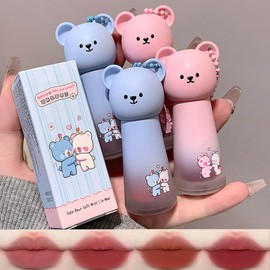 4Pcs Cute Bear Liquid Lipstick Set,Velvet Cream Red Long Lasting High Impact Color,Longwear Waterproof Vegan Smooth Whip Lipstick Set for Women Gift