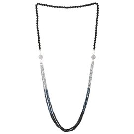 COOLSTEELANDBEYOND Necklaces Multi Strands Black Silver Crystal Beads Chain Magnetic Clasp Removable Two Collar, Metal, No Gemstone