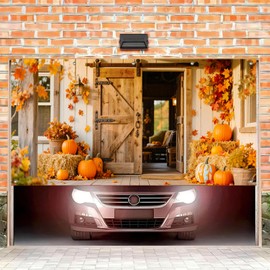 BlissYard Fall Garage Door Banner 13x6FT Thanksgiving Outdoor Garage Door Cover with Pumpkins Hay Bales Autumn Leaves for Front Porch Harvest Decor Polyester Garage Backdrop Decoration