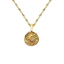 Gold Engraved Coin Pendant Necklace for Women Girls 925 Sterling Silver Tiny Small Round Circle Moon Star Sun Boho Byzantine Choker Link Chain Adjustable Dainty Birthday Jewelry Gift 18 Inch
