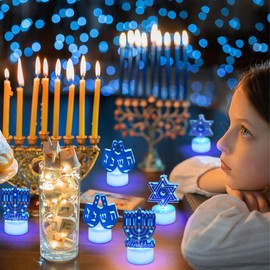 6 PCS Hanukkah Tea Lights Candles Battery Operated LED Flameless Tealight Candles, Blue Star of David Menorah Dreidel Hanukkah Decorations Centerpieces for Home Kitchen Party Decor