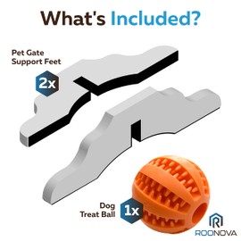 ROONOVA: 2 Pack Freestanding Pet Gate Support Feet | Indoor and Outdoor Fence Barrier and Stairs Panel Support Feet | Complete with Dog Treat Ball | White Wooden