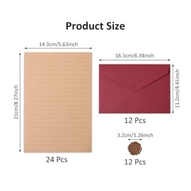 Juego de papelería de 48 piezas con sobres (24 hojas de papel kraft + 12 sobres de textura de lino + 12 calcomanías de sello de cera), juego de papel 