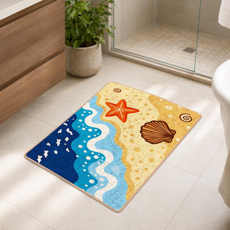 VISSTREE Beach Coastal Bathroom Rug, Colorful Ocean Wave Bath Mat