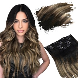 Ugeat Real Hair Etensions Clip In Human Hair Natural Black to Dark Brown Mix Caramel Brown Balayage Invisible Clip In Hair Extensions Human Hair Thick End 20 inch 7pcs 120g(105g Hair+15g Clips)