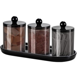Qtip Holder Bathroom Set with Tray(4PCS) - 3 Pack Acrylic Plastic Apothecary Jars Qtip Dispenser Canister with Lid and Labels, 1 Pack Vanity Tray, for Cotton Ball, Cotton Swab (Black)
