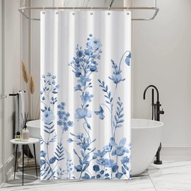 AWERT Small Half Size Stall Shower Curtain with 6 Hooks Shower Stall Curtain 36 x 72 Light Blue Floral 36 inch Shower Curtain for Bathroom/RV and Camper (Light Blue)