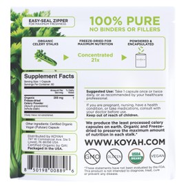 KOYAH KOYAH Organic Celery Capsules C Freeze-Dried Whole Celery C 200 mg Powder per Capsule (Equals 4,200 mg Fresh Celery)
