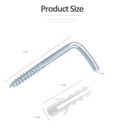 GZLCEU Pack of 50 L Screw Hooks, Carbon Steel Galvanised Hook Screws with 50 Dowels for Walls, Wooden Construction, Hanging Heavy Items (3.8 x 50 mm)