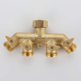 VOURUNA Premium Heavy Duty Brass 4 Way Garden Hose Splitter Improved, NPT3/4 Copper Four Outlet Faucet Diverter Valve, Outdoor Garden Manifold Adapter Connector (4-Way)