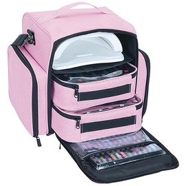 YAHOURWAT Nail Polish Organizer Holds 60 Bottles and a Nail Lamp,Portable Travel Case with 2 Removable Bags and Tools Storage Pockets Pink