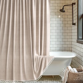 AmazerBath Farmhouse Shower Curtains for Bathroom, Tan Shower Curtain with Tassels, Rustic Shower Curtain Taupe, Faux Linen Shower Curtain with 12 Hooks, Fabric Shower Curtain Set, 72x72 Inches