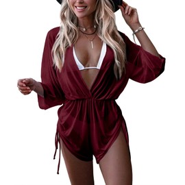 GAMISOTE Lady Swimsuit Deep V Neck Cover Ups Summer Beach One Piece Bikini Romper Outfit Burgundy