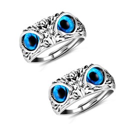 2 PCS Owl Ring Retro Animal Open Ring Adjustable Owl Ring Open Animal Rings Statement Ring Jewelry for Women Girls Men (Blue)