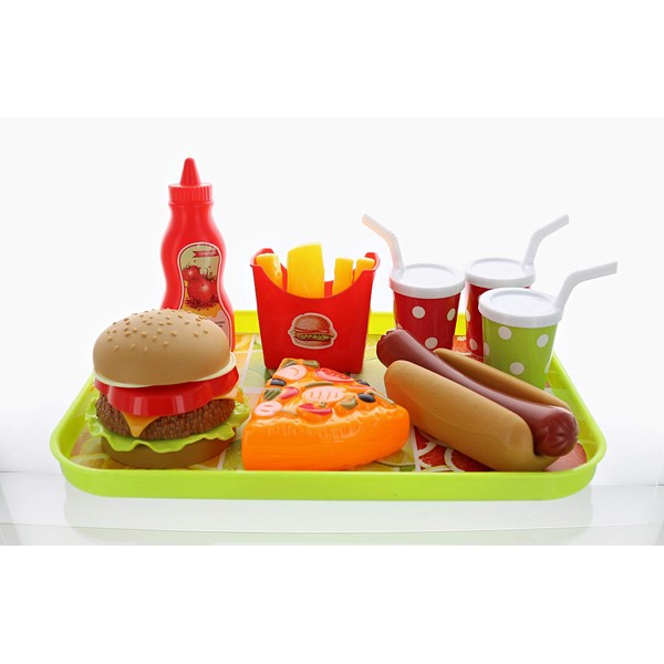 GIFTEXPRESS® Hamburger and Hot Dog Play Set, Pizza Food Cooking Toy, with Toy Hamburger, Fries, Hot Dog, Pizza, Coke, Ketchup, and Tray