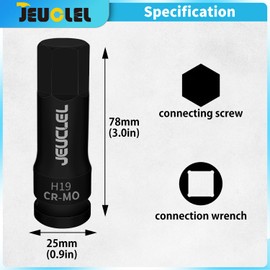 JEUCLEL 2Pcs 19mm Hex Impact Bit Socket, H19 1/2-Inch Impact Drive Allen Socket, Cr-Mo Steel Lengthen Hex Screwdriver Adapter for Electric Ratchet Wrenches Fastening Screws