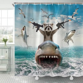 Funny Animal Shower Curtain, Cool Raccoon Riding Shark Theme Ocean Shower Curtain for Bathroom, Fun Nautical Kids Children Fabric Bath Curtain with 12 Hooks 60 x 70Inch