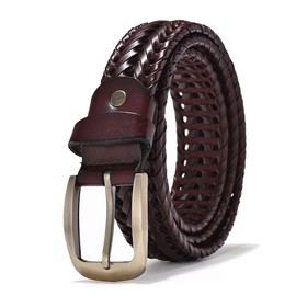 ECHAIN - Cinturón de cuero genuino trenzado para hombre, Rojo oscuro 2, Cintura:34-36