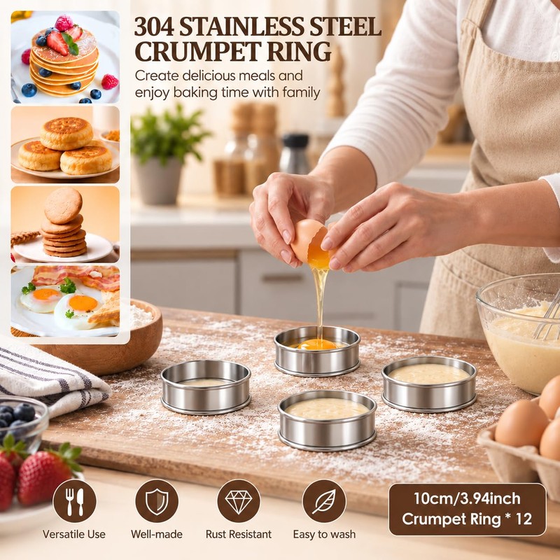 12 PCS Crumpet Rings 10cm Stainless Steel Baking Rings, Dishwasher