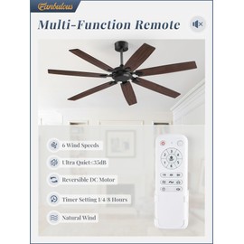 62 Inch Ceiling Fan No Light with Remote Control, Black Ceiling Fans Without Light with 6-Speeds Quiet Reversible DC Motor, Indoor/Outdoor Ceiling Fan with Dual Finish 7 Blades for Patio Living Room