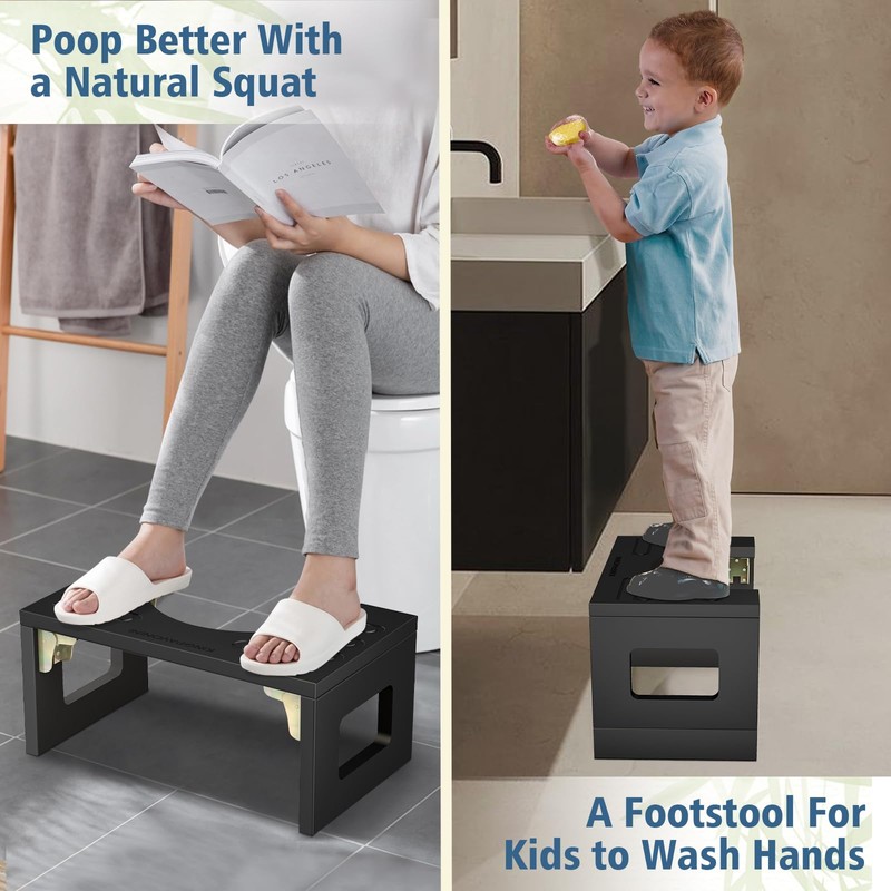 Bamboo Toilet Stool Squat 7in & 9in Adjustable Heights, Foldable