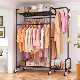Raybee Clothes Racks For Hanging Clothes with Coat Rack Load 650LBS, 74" H Heavy Duty Clothing Rack With Shelves, Portable Garment Racks with Lockable Wheels, Multi-Functional Closet Rack For Bedroom