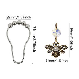 Decorative Bee Shower Curtain Hooks for Bathroom Shower Rod, Rust Proof Stainless Steel Shower Curtain Rings Set of 12 with Rhinestone Insect Bees Garden Flower Themed Bathroom Bathtub Decor (Gold)