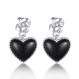 VENACOLY Black Onyx Earrings 925 Sterling Silver Black Heart Earrings Love Knot Earrings Black Onyx Heart Earrings Jewellery Gifts for Women, Sterling Silver