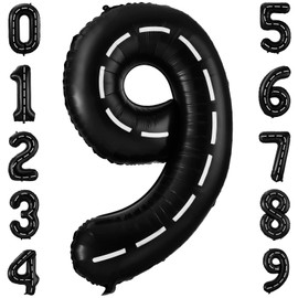 9 Number Race Car Balloons - 40 Inch Black Birthday Party Track Balloons featuring Number 9 Cars Theme