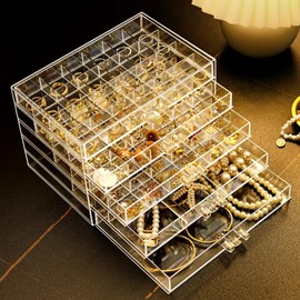 Jinavoty Earring Storage Box, Acrylic Jewelry Storage Box, Clear Earring Organizer Box with 3 Drawers for Women Girls (5 Drawers)