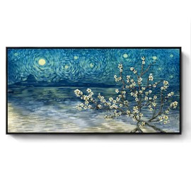Large Framed Wall Art for Living Room Modern Blue Framed Tree Canvas Print Floral Plum Blossom at Starry Night Landscape Wall Picture Flower Artwork Teal Lake Painting Home Bedroom Décor 48"x24"